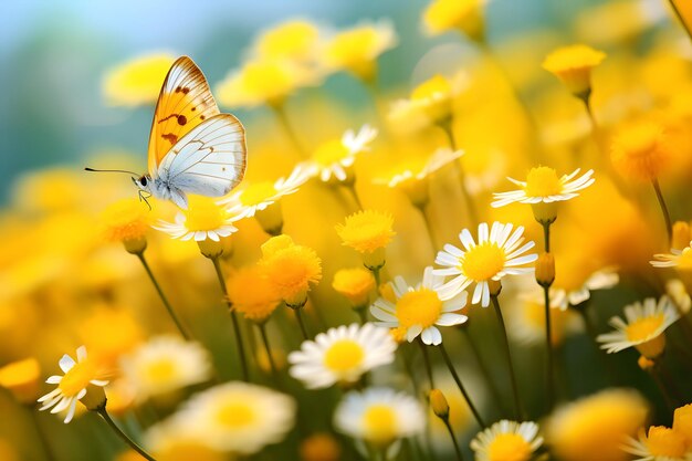자연 속의 초원에서 노란색 산톨리나 꽃과 나비의 즐거운 활기찬 봄 여름 