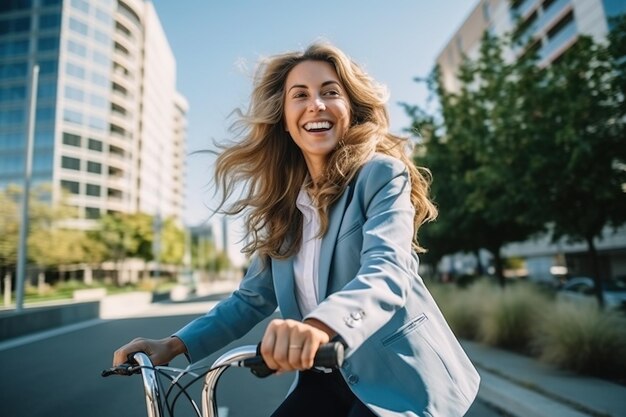 Cheerful business woman riding a bike to work in the city