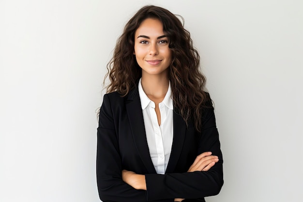 Photo cheerful business woman wearing black blazer standing isolated on white background