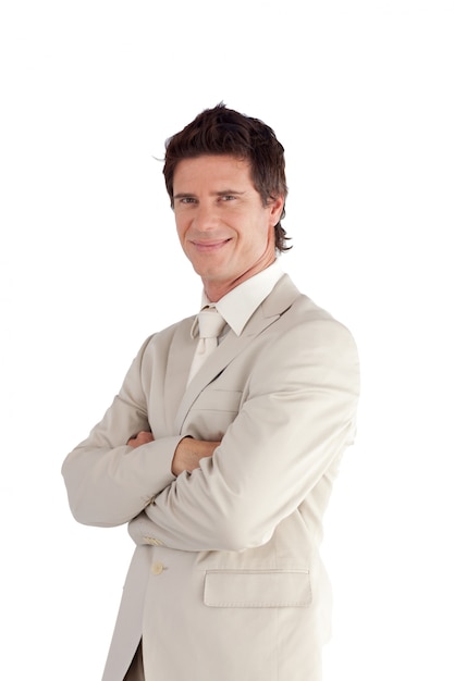 Cheerful businessman against a white background