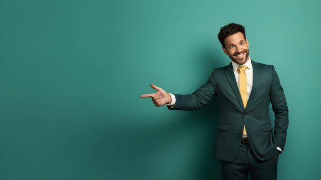 Cheerful businessman demonstrating something with copy space while standing on background