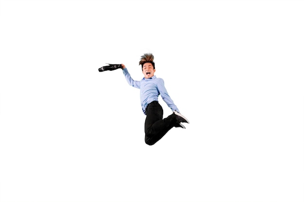 Cheerful businessman jumping with his briefcase