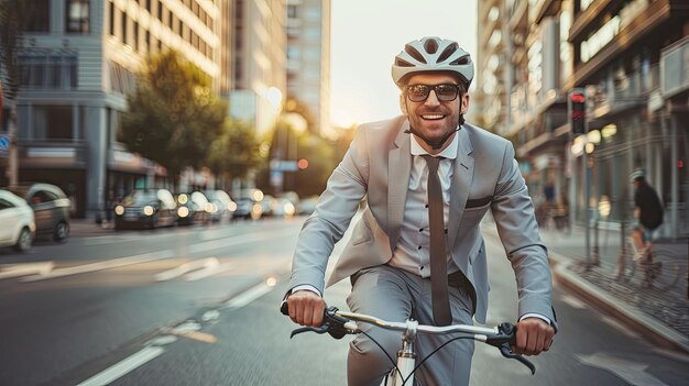 Cheerful businessman riding a bicycle to work through city streets promoting an ecofriendly and active way to commute