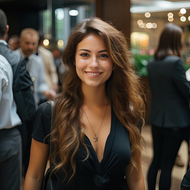 Cheerful businesswoman in city with group smiling and looking at camera