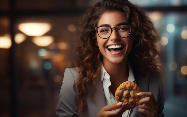 Foto donna d'affari allegra che gode di una pausa del biscotto