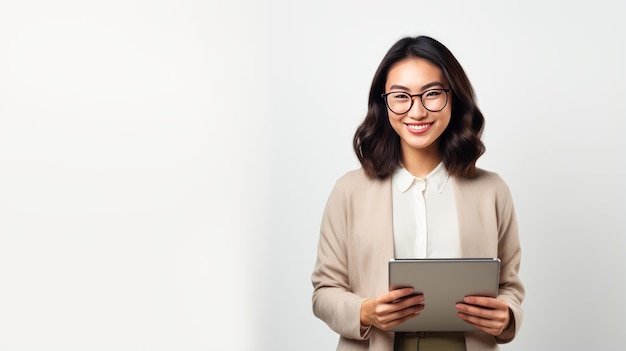 Cheerful businesswoman holding digital tablet looking at camera white background