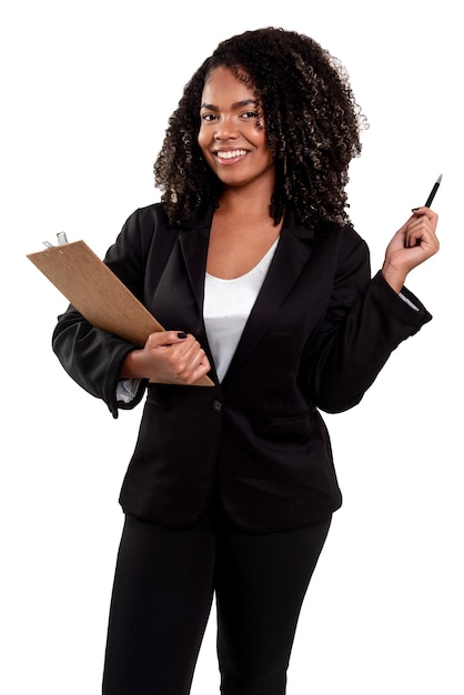 Cheerful businesswoman with a clipboard