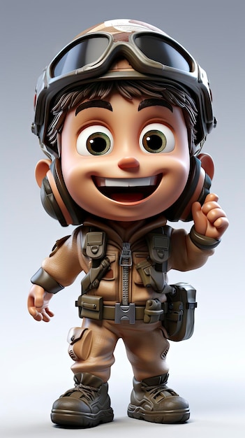 Cheerful Camouflage Adventure Joyful Animated Young Soldier in Military Gear with a Big Smile and Lively Spirit