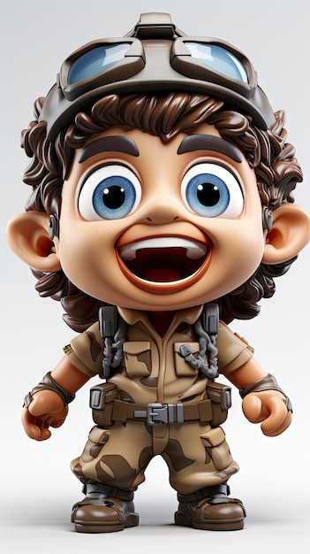 Веселое камуфляжное приключение Радостный анимированный молодой солдат в военной одежде с большой улыбкой и жизнерадостным духом