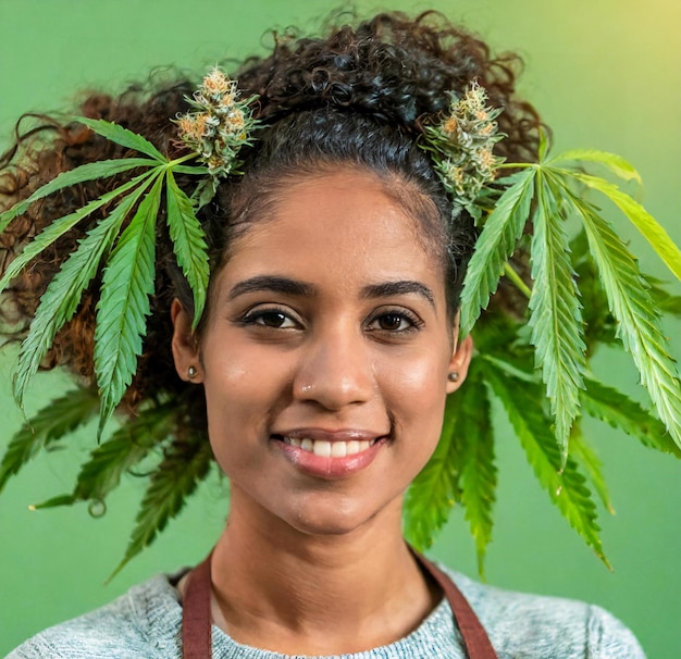 Cheerful cannabis farmer showing the buds of her harvest 420 concept