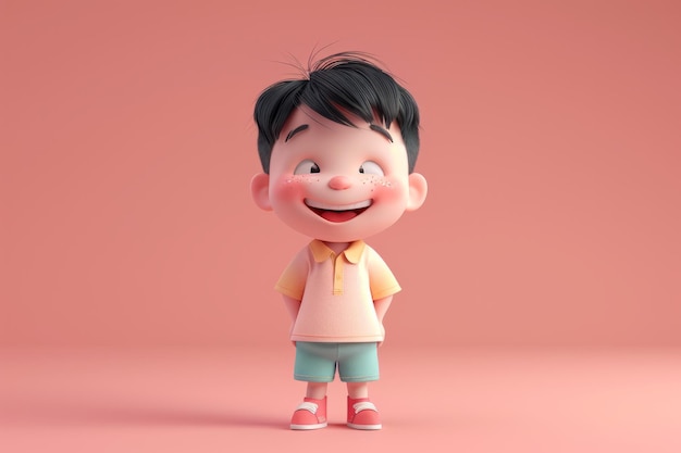 cheerful cartoon boy standing with a big smile on a plain pink background