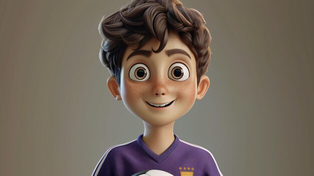 Photo a cheerful cartoon boy with a soccer ball wearing a vibrant violet jersey in a captivating 3d headshot illustration this talented young athletes infectious smile and determined gaze insp