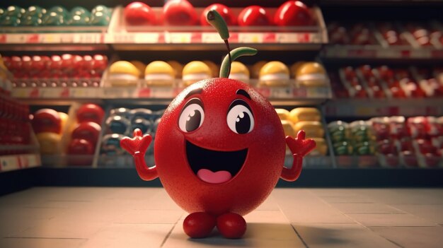 Cheerful cartoon cherry character in a grocery store Fantasy concept Illustration painting