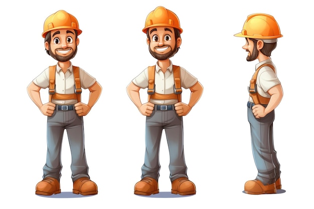 Photo cheerful cartoon construction worker in various poses showcasing a bearded man with an orange helmet ideal for animation safety campaigns and character design in constructionthemed projects