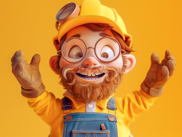 Photo cheerful cartoon construction worker in yellow hard hat and overalls with big glasses and beard