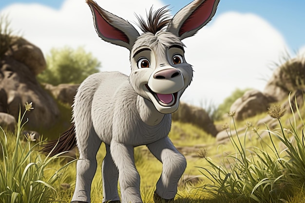 Photo a cheerful cartoon donkey stands on the grass adding whimsy