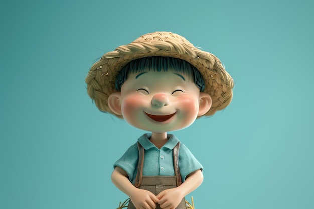 Cheerful cartoon farmer boy with a straw hat and wheat ears isolated on a teal background