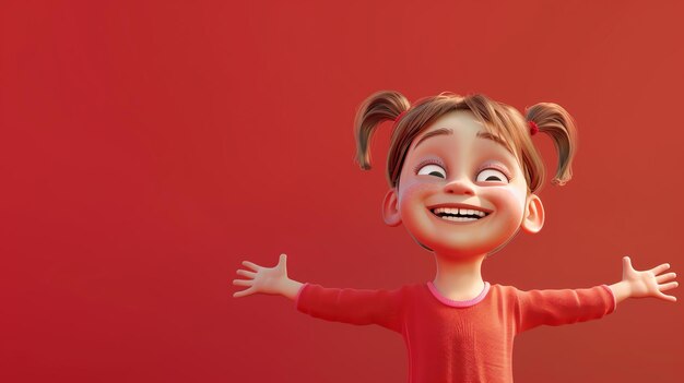 Photo cheerful cartoon girl with outstretched arms on a red background