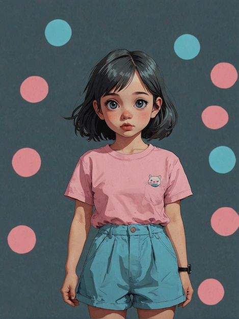 Cheerful Cartoon Girl with Vibrant Blue Hair in Casual Outfit