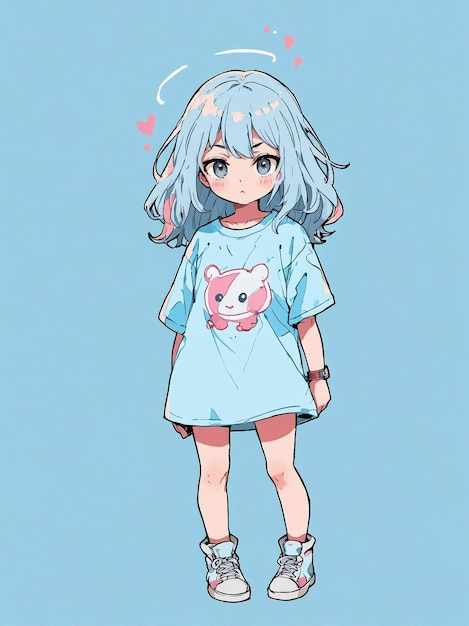 Cheerful Cartoon Girl with Vibrant Blue Hair in Casual Outfit