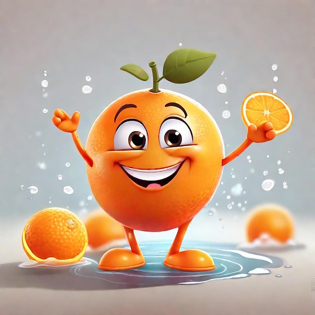 A cheerful cartoon orange character with a cute smile with water flash generated by ai