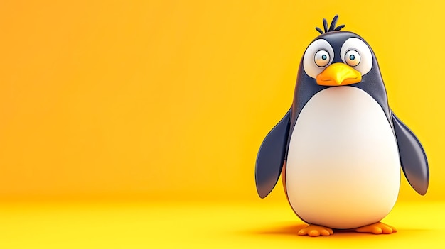 Cheerful cartoon penguin character on vibrant yellow background d illustration