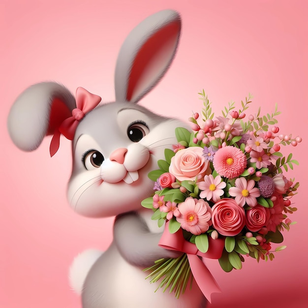 Cheerful cartoon rabbit with a large bouquet of flowers