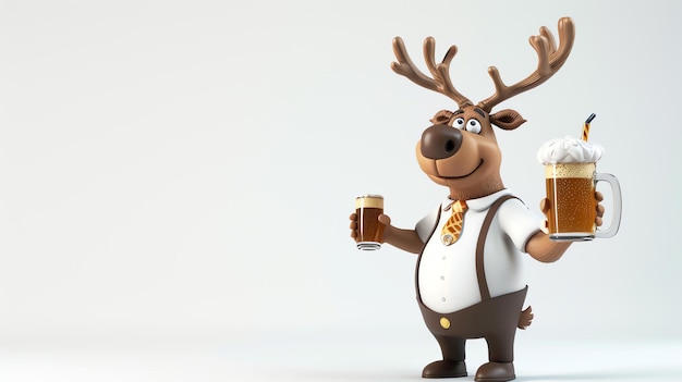 A cheerful cartoon reindeer wearing a shirt and suspenders holds a beer mug in each hand