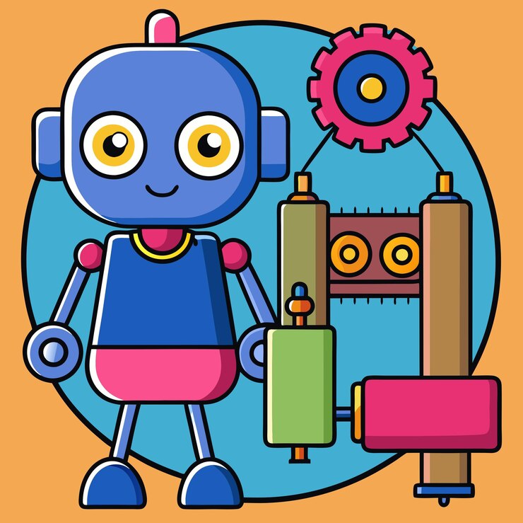 Photo a cheerful cartoon robot standing next to a colorful machine