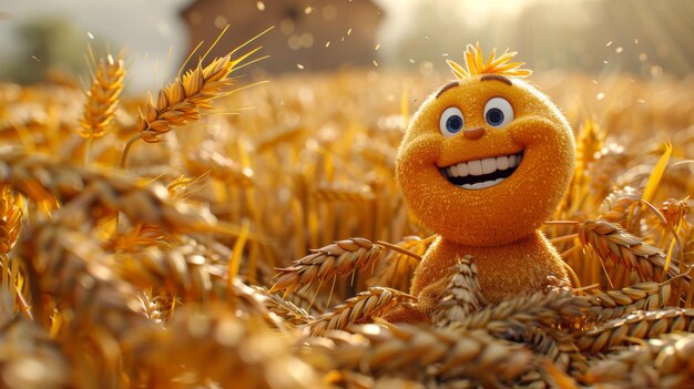 A cheerful cartoon sunny character in a field with wheat 3d illustration