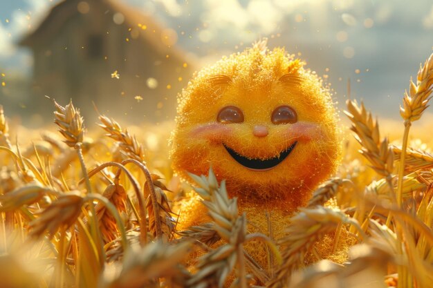 A cheerful cartoon sunny character in a field with wheat 3d illustration