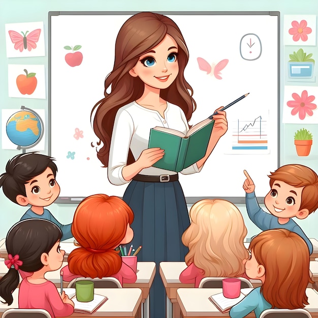 Cheerful Cartoon Teacher Conducting a Math Lesson in a Colorful Classroom