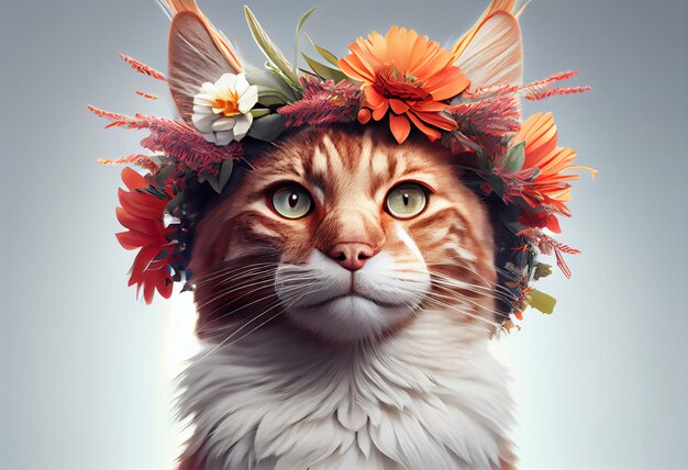 Cheerful cat with a wreath on a white background AI Generated