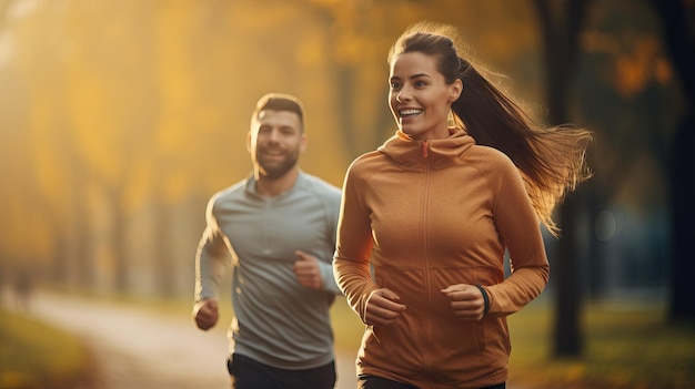 Photo cheerful caucasian couple running outdoors