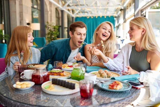 Cheerful caucasian friends spending time together