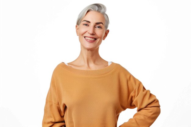 Cheerful caucasian lady posing in casuals isolated on white background