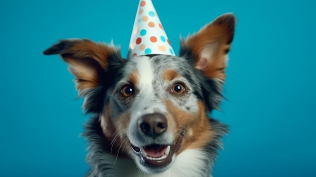 Photo cheerful celebration with a dog wearing a party hat highlighted on a blue background