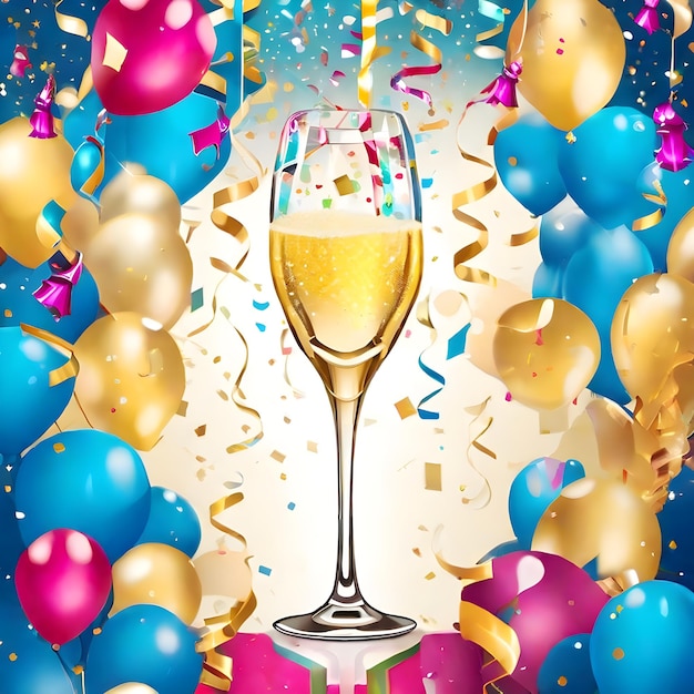 Cheerful champagne glass illustration and glittering streamers New Year's celebration AI Generate