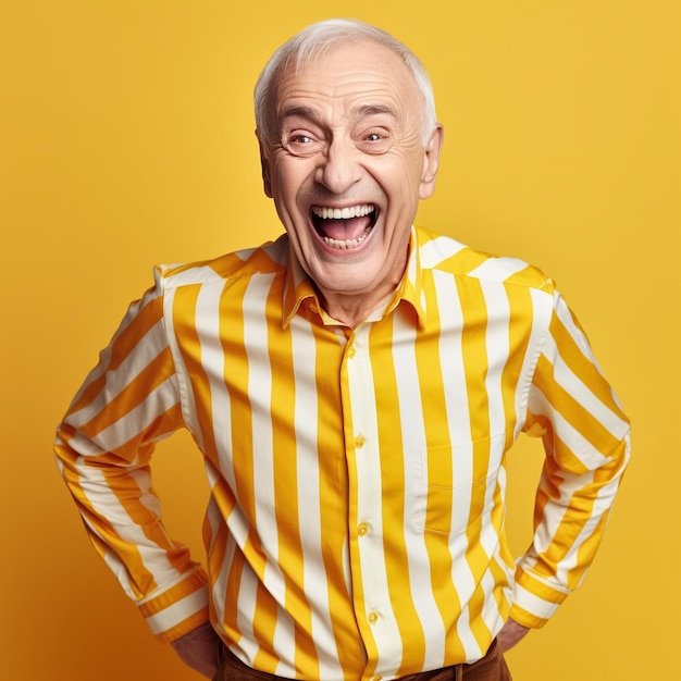 Photo cheerful and cheerful man in a yellow striped shirt on isolated background