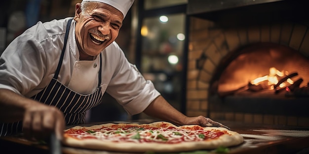 Photo a cheerful chef has prepared a large italian pizza filled with flavors and joy generative ai