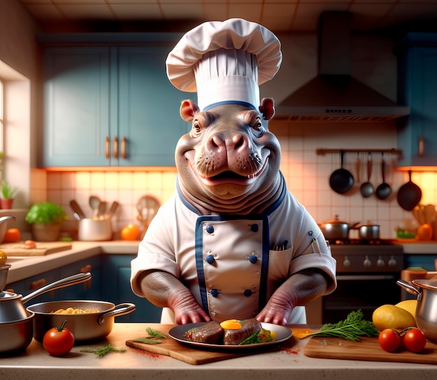 Cheerful Chef Hippopotamus preparing in the kitchen