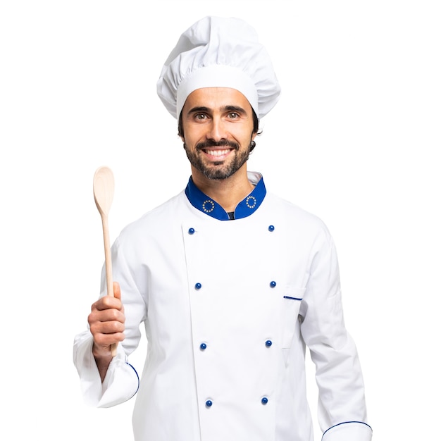 Cheerful chef isolated on white