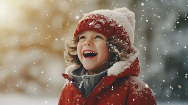 Foto un bambino allegro cattura i fiocchi di neve con la lingua in primo piano camminando durante una nevicata