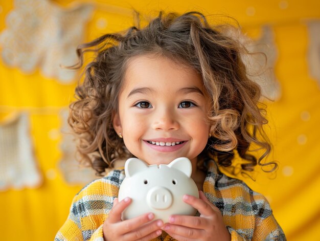 Foto bambino allegro, capelli ricci, sorriso luminoso, con il porcellino bianco sullo sfondo giallo vibrante