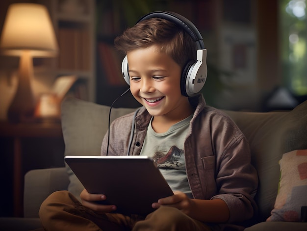 Photo cheerful child enjoying digital tablet in the comfort of home