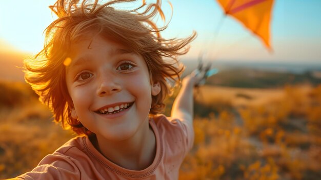 A cheerful child flying a kite is seen in closeup with empty space colorful Generative AI