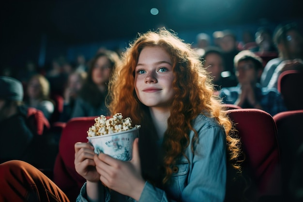 Cheerful child holding paper bucket with sweet popcorn and watching movie in cinema theatre