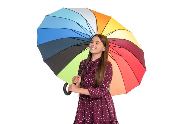 Cheerful child with colorful umbrella in autumn for rainy weather isolated on white fall