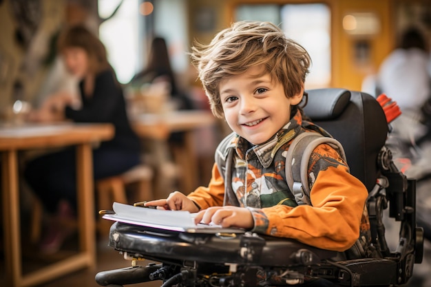 Cheerful child with a disability in a wheelchair in class