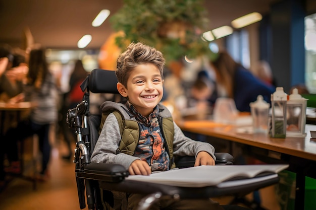 Cheerful child with a disability in a wheelchair in class